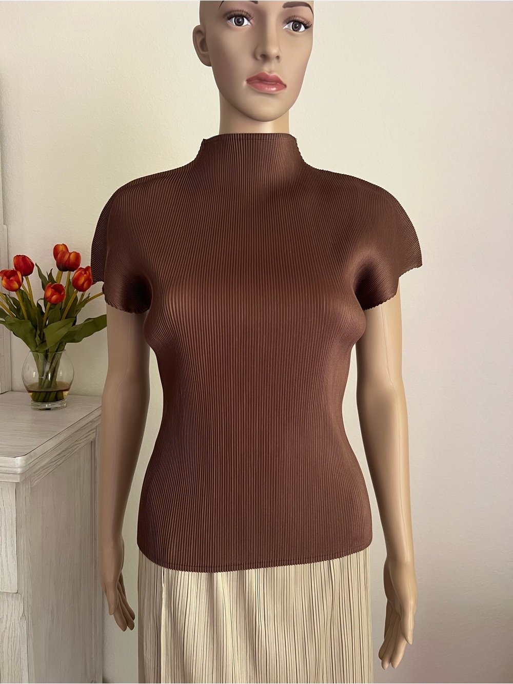 Brown pleated Mock Neck Top